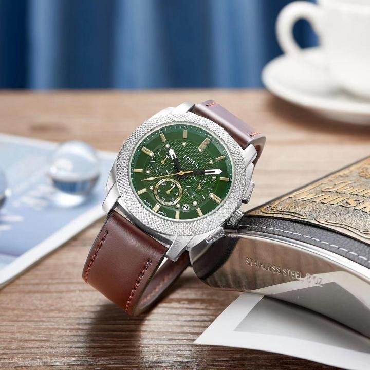 Fossil Fs6100 Green Dial Leather Belt Chronograph Watch