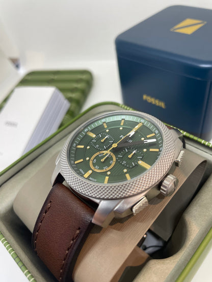 Fossil Fs6100 Green Dial Leather Belt Chronograph Watch