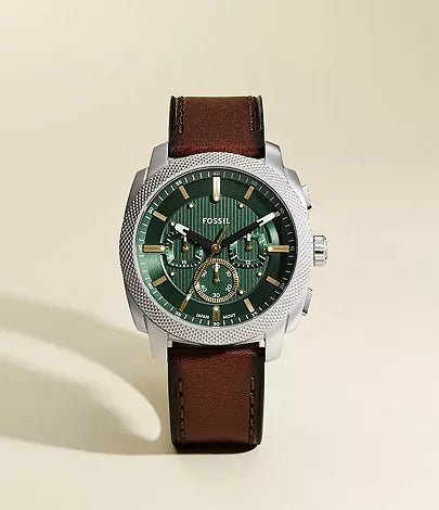 Fossil Fs6100 Green Dial Leather Belt Chronograph Watch