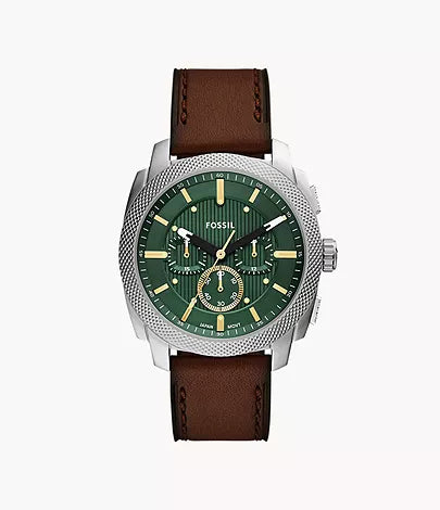 Fossil Fs6100 Green Dial Leather Belt Chronograph Watch