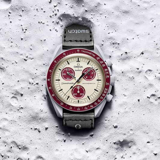Swatch Omega x Moon Mission To Pluto Speedmaster Brownish Red and Tan Moonswatch